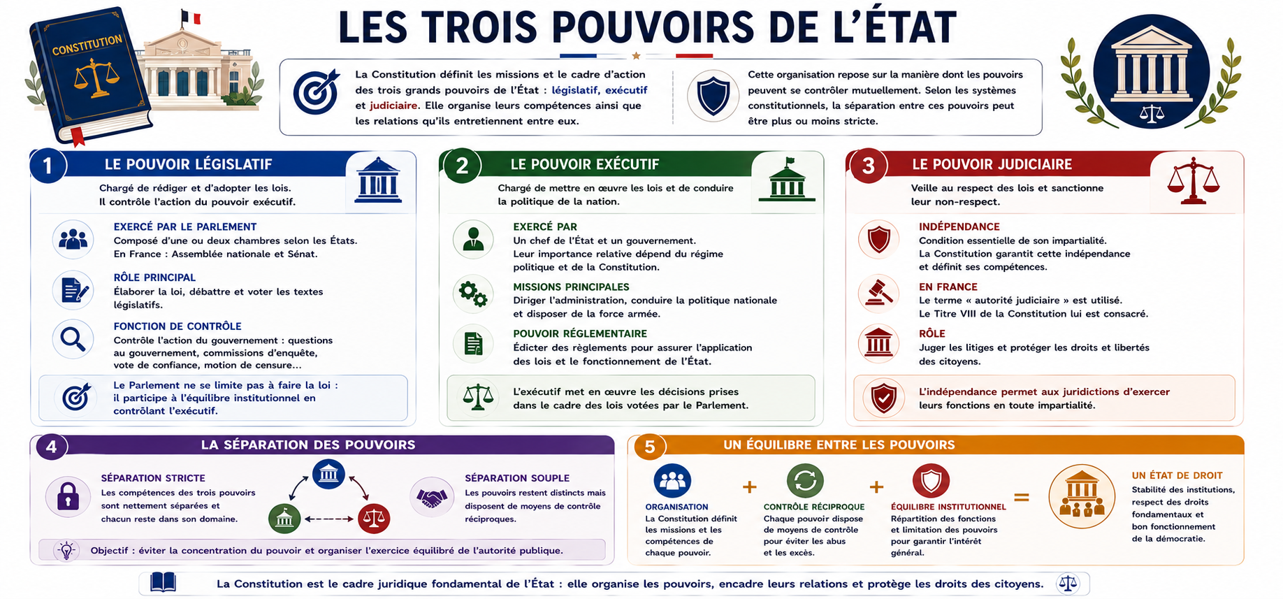 Quels sont les trois pouvoirs définis par une Constitution ?